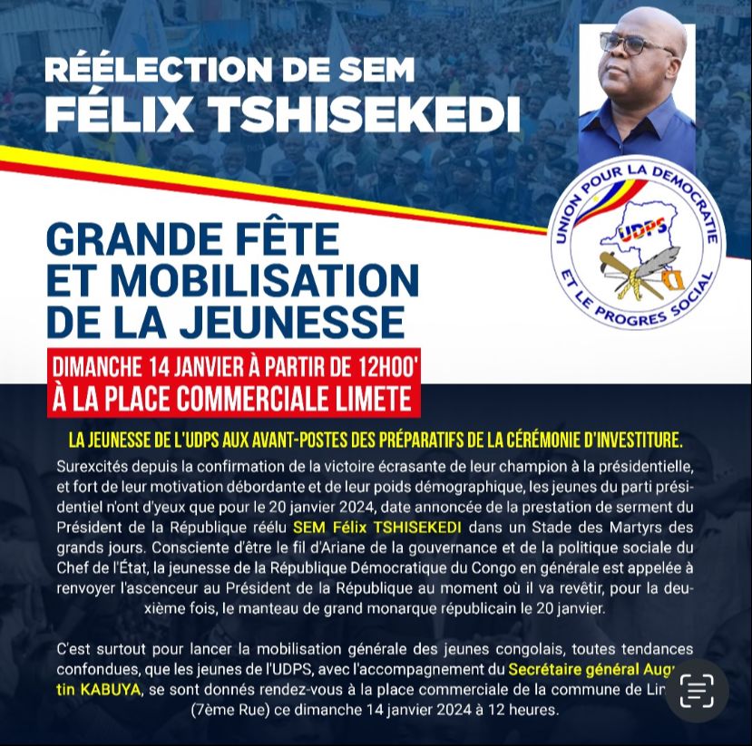 Investiture du Président de la République : La jeunesse de l’UDPS organise une grande fête ce dimanche à la place commerciale de la 7eme rue Limete